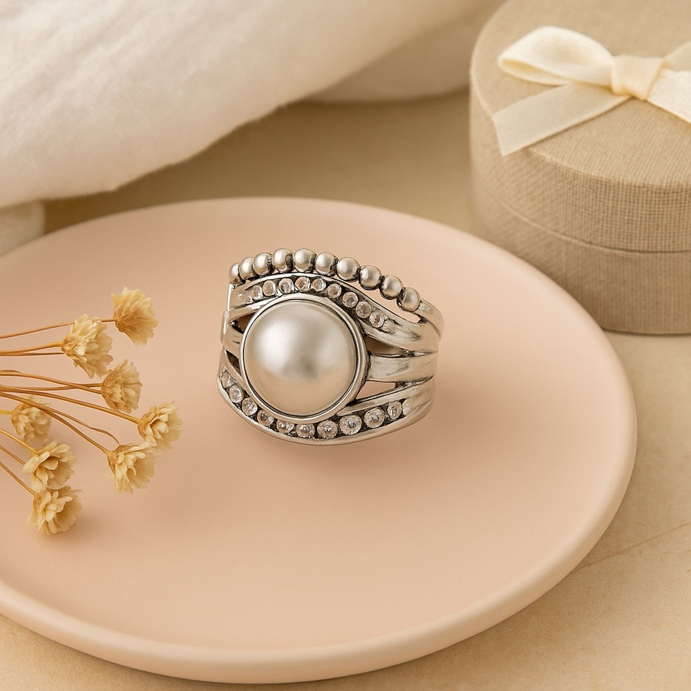 Statement Silver Band Ring with Faux Pearl and Crystal Accents